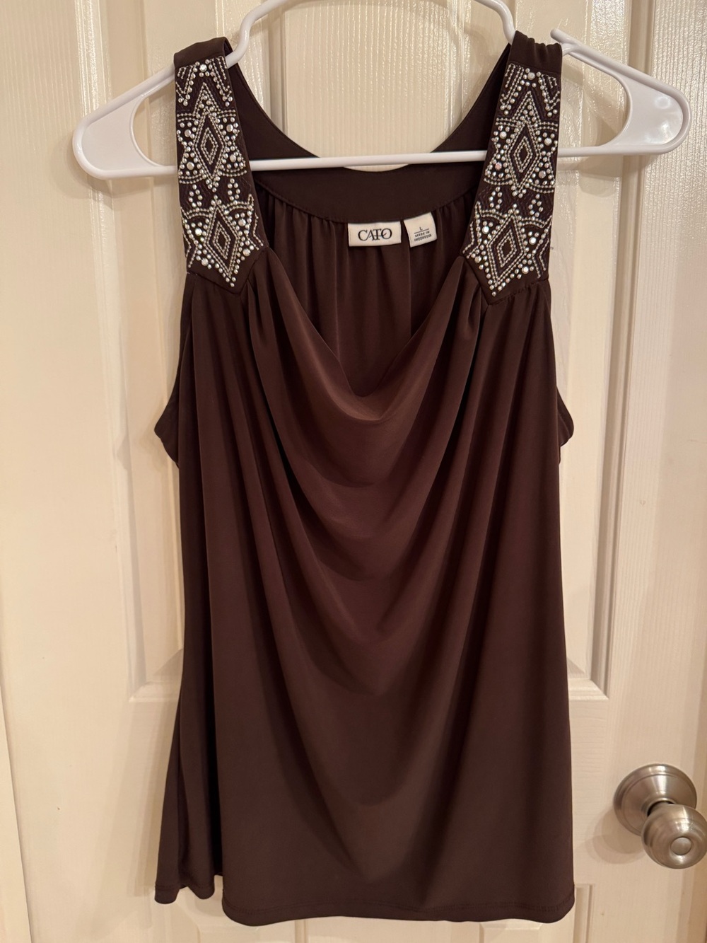 Cato Brown Beaded-Trim Draped Sleeveless country western top
